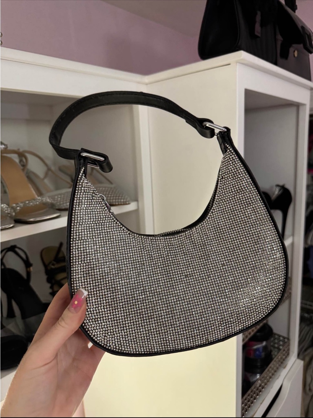 Fashion Nova Crystal Mesh Mini Shoulder Bag in Silver and Black